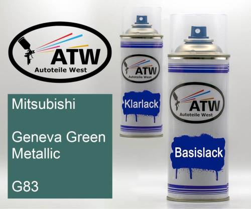 Mitsubishi, Geneva Green Metallic, G83: 400ml Sprühdose + 400ml Klarlack - Set, von ATW Autoteile West.